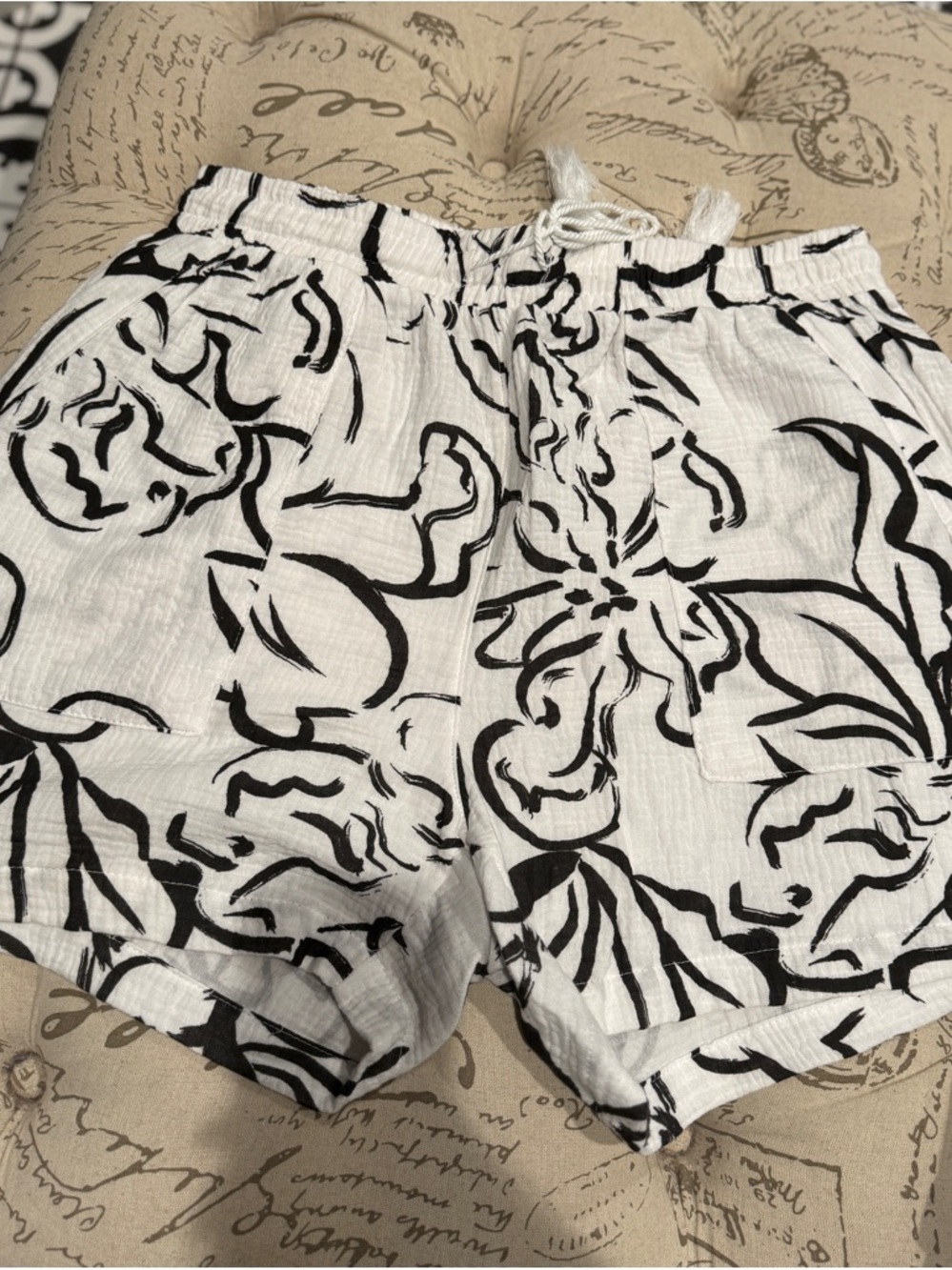 Royalty For Me White & Black Floral High-Waist Drawstring Shorts